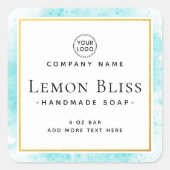 Blauwe waterverf faux gouden rand productlabel vierkante sticker (Voorkant)