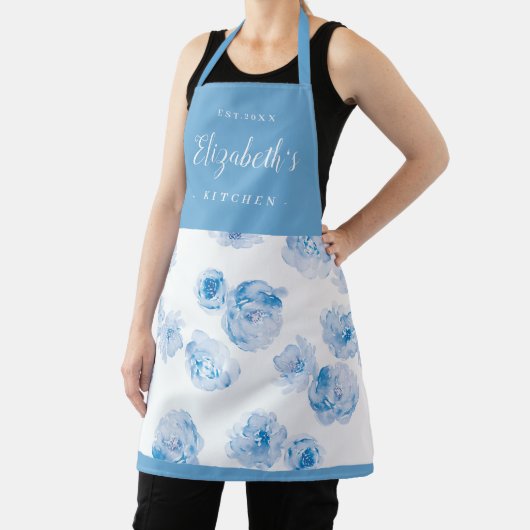 Blauwe waterverf floraal gepersonaliseerd kookplat schort (Insitu)
