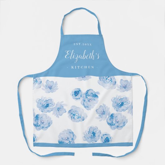 Blauwe waterverf floraal gepersonaliseerd kookplat schort (Voorkant)