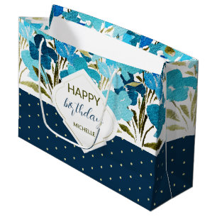 Blauwe Waterverf Floral Boho Handgeschilderd Groot Cadeauzakje