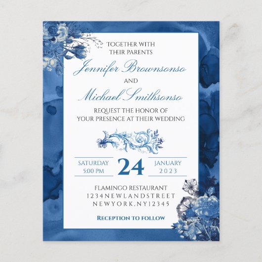 Blauwe Waterverf floral Elegant Wedding budget Flyer (Voorkant)