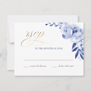 Blauwe Waterverf Floral Faux Folie RSVP Briefkaart