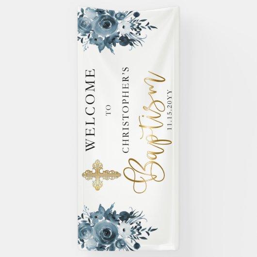 Blauwe Waterverf Floral | Faux Gold Boy Baptisme Spandoek (Verticaal)