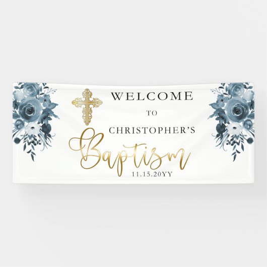 Blauwe Waterverf Floral | Faux Gold Boy Baptisme Spandoek (Horizontaal)