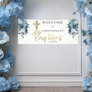Blauwe Waterverf Floral Faux Gold Boy Baptisme Spandoek
