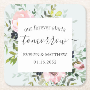 Blauwe Waterverf Floral Forever begint morgen Vierkante Kartonnen Onderzetter