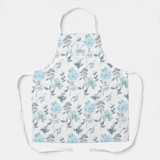 Blauwe Waterverf Floral Monogram Schort (Voorkant)