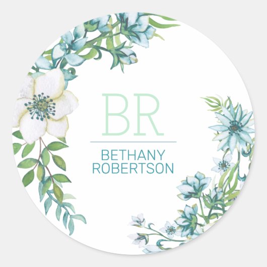  Blauwe Waterverf Floral Ronde Sticker (Voorkant)
