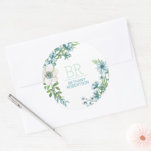  Blauwe Waterverf Floral Ronde Sticker (Envelop)