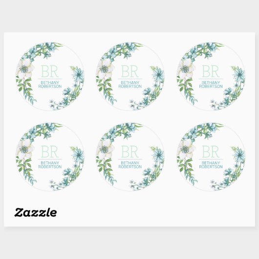 Blauwe Waterverf Floral Ronde Sticker (Vel)