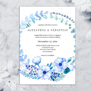 Blauwe Waterverf Floral Rustic Wedding Kaart