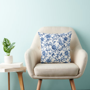 Blauwe Waterverf Floral Toile Chinoiserie Elegant Kussen