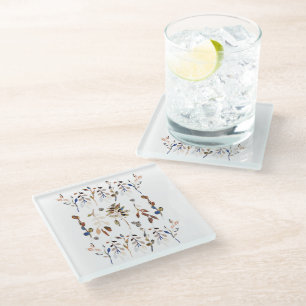 Blauwe Waterverf Floral van de witte bessen Glazen Onderzetter