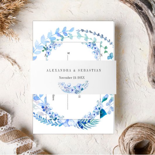  blauwe Waterverf Floral Wedding Uitnodigingen Wikkel