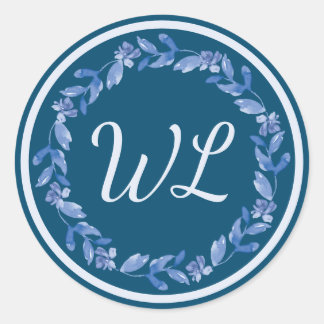 Blauwe Waterverf Floral Wreath Monogrammed Ronde Sticker