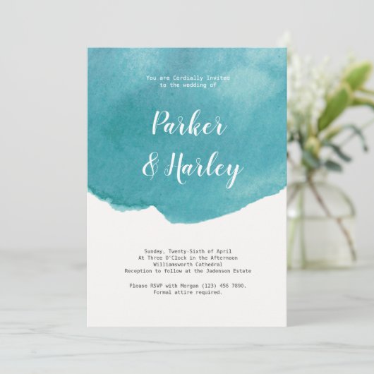 Blauwe Waterverf Flowy Script Stijl Trouwen Kaart (Staand voorkant)