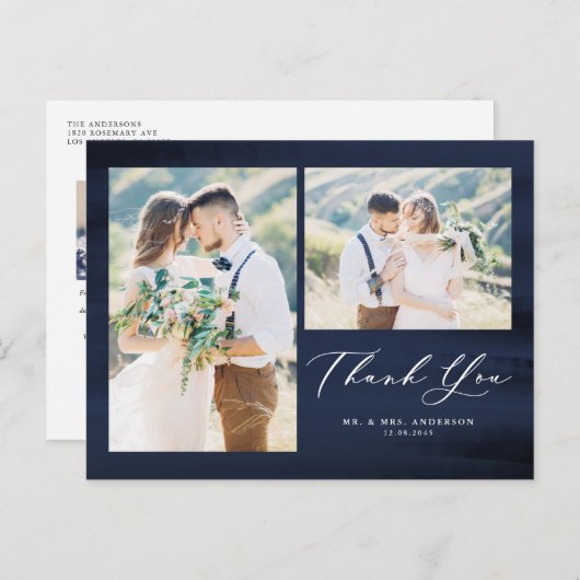 Blauwe Waterverf Foto Collage Weddenschap Bedankt Briefkaart (Voorkant / Achterkant)