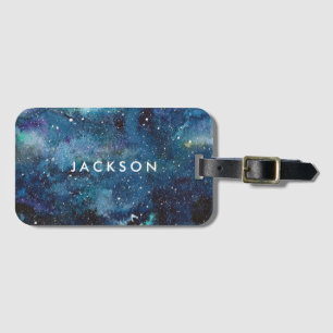Blauwe Waterverf Galaxy Space Stars Naam Bagagelabel