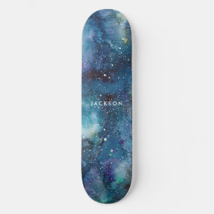 Blauwe Waterverf Galaxy Space Stars Naam Skateboard
