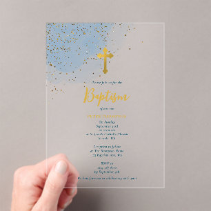 Blauwe Waterverf Glitter Gold Cross Baptisme Boy Acryl Uitnodigingen