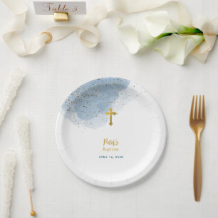 Blauwe Waterverf Glitter Gold Cross Baptisme Boy Papieren Bordje