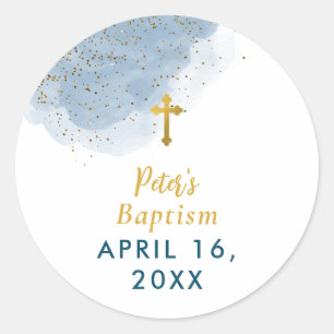 Blauwe Waterverf Glitter Gold Cross Baptisme Boy Ronde Sticker