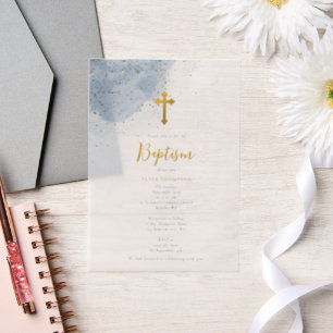 Blauwe Waterverf Glitter Gold Cross Baptisme Boy Vellum Uitnodigingen