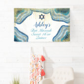 Blauwe Waterverf & Gouden Glitter Bat Mitzvah Quin Spandoek (Insitu)