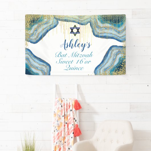 Blauwe Waterverf & Gouden Glitter Bat Mitzvah Quin Spandoek (Insitu)