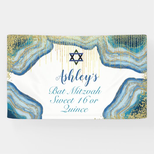 Blauwe Waterverf & Gouden Glitter Bat Mitzvah Quin Spandoek (Horizontaal)