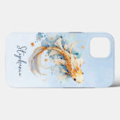 Blauwe Waterverf Gouden Koi Vis Gepersonaliseerd Case-Mate iPhone Case (Achterkant (horizontaal))