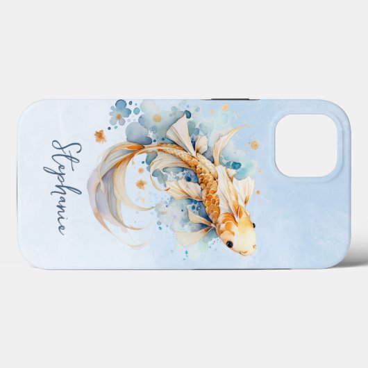 Blauwe Waterverf Gouden Koi Vis Gepersonaliseerd Case-Mate iPhone Case (Achterkant (horizontaal))