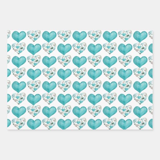 Blauwe Waterverf hart en bladeren Inpakpapier Vel (Voorkant)