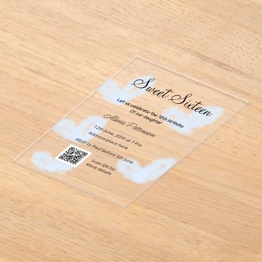 Blauwe waterverf harten QR Sweet zestien verjaarda Acryl Uitnodigingen (Laagn)