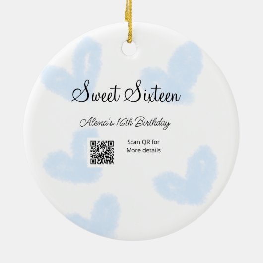 Blauwe waterverf harten QR Sweet zestien verjaarda Keramisch Ornament (Achterkant)