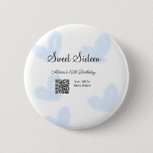 Blauwe waterverf harten QR Sweet zestien verjaarda Ronde Button 5,7 Cm