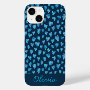 Blauwe waterverf hartpatroon naam Case-Mate iPhone 14 hoesje