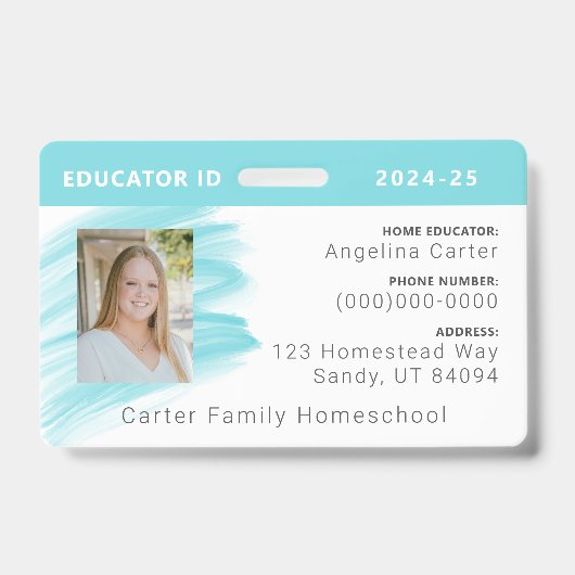 Blauwe Waterverf Homeschool Educator ID Badge (Front)