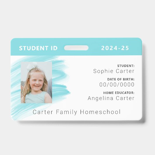 Blauwe Waterverf Homeschool Student ID Badge (Front)