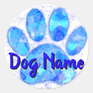 Blauwe Waterverf hondenpootje print met aangepaste Ronde Sticker
