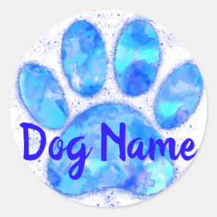 Blauwe Waterverf hondenpootje print met aangepaste Ronde Sticker
