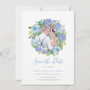Blauwe Waterverf hortensia foto Save the Date Kaar