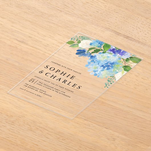 Blauwe Waterverf Hydrangea Winter Floral Wedding Acryl Uitnodigingen (Laagn)