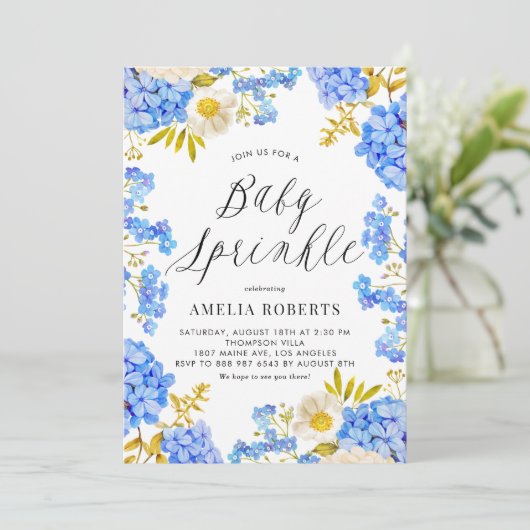 Blauwe Waterverf Hydrangeas Bloemen Baby Sprinkle Kaart (Staand voorkant)