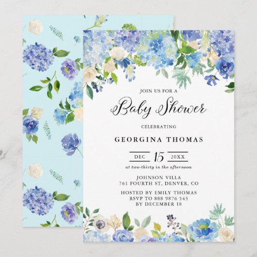 Blauwe Waterverf Hydrangeas en Rozen Baby shower Kaart (Voorkant / Achterkant)