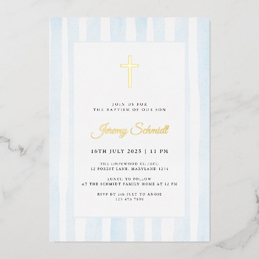 Blauwe Waterverf Jongensdoop Folie Uitnodiging (Voorkant)