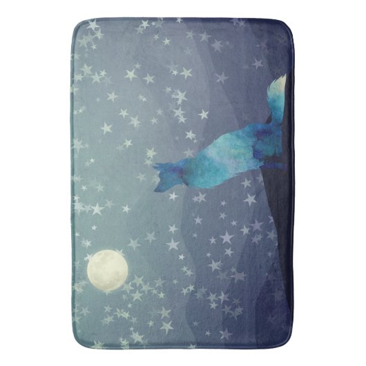 Blauwe Waterverf Kijk Wolf Staren naar Moon Badmat (Voorkant Verticaal)