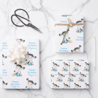 Blauwe Waterverf Kleine Koe Inpakpapier Vel