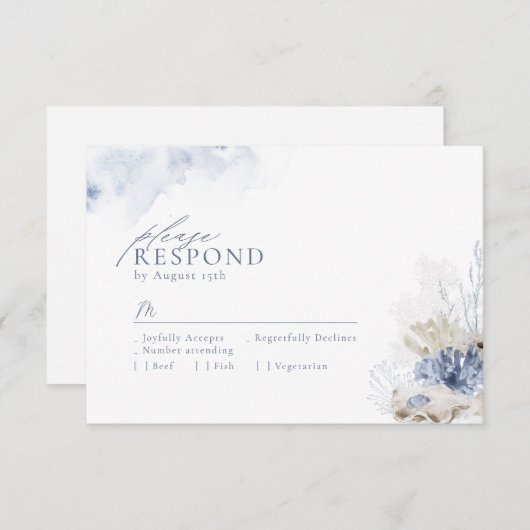 Blauwe waterverf koraal en zeeschildpadden strandb RSVP kaartje (Voorkant / Achterkant)