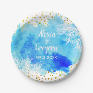 Blauwe waterverf koraalrif gouden confetti bruilof papieren bordje